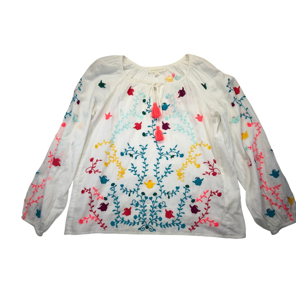 Lovestitch Womens S Peasant Blouse Embroidered Floral Tassel Tie White